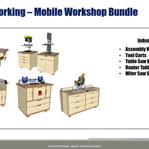 Mobile Workshop plan bundle including five diy workshop digital downloads including a miter saw station, table saw workbench, router table plans, mobile workshop cart, and an assembly table