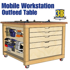 Puede incluir: Mesa auxiliar de estación de trabajo móvil de madera con el texto "Mobile Workstation Outfeed Table". La mesa tiene una tapa marrón claro, un marco de madera clara y cuatro cajones. Incluye almacenamiento para herramientas y tiene ruedas.