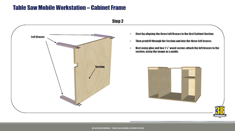 Woodworking plans for a table saw mobile workbench, designed for easy mobility and efficient workspace organization, with built-in storage and a sturdy surface for projects from 3bwoodworking