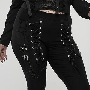 Punk Ripped Drawstring Decorated Long Black Boot Cut Elastic Waist Woman Plus Size Trousers