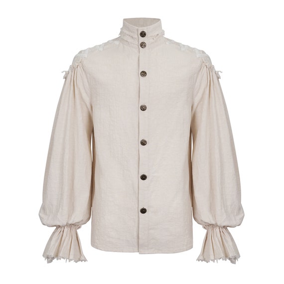 Camicia bianca da uomo in lino con maniche a sbuffo Steampunk
