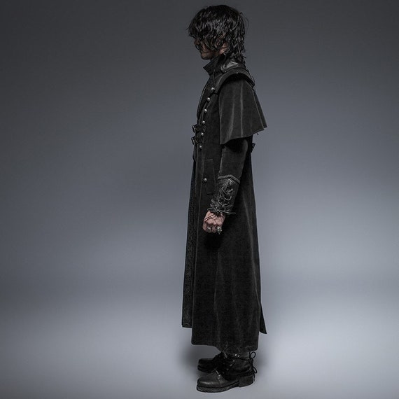 Black Leather Long Gothic Ghost Clock Trench Coats With Belts