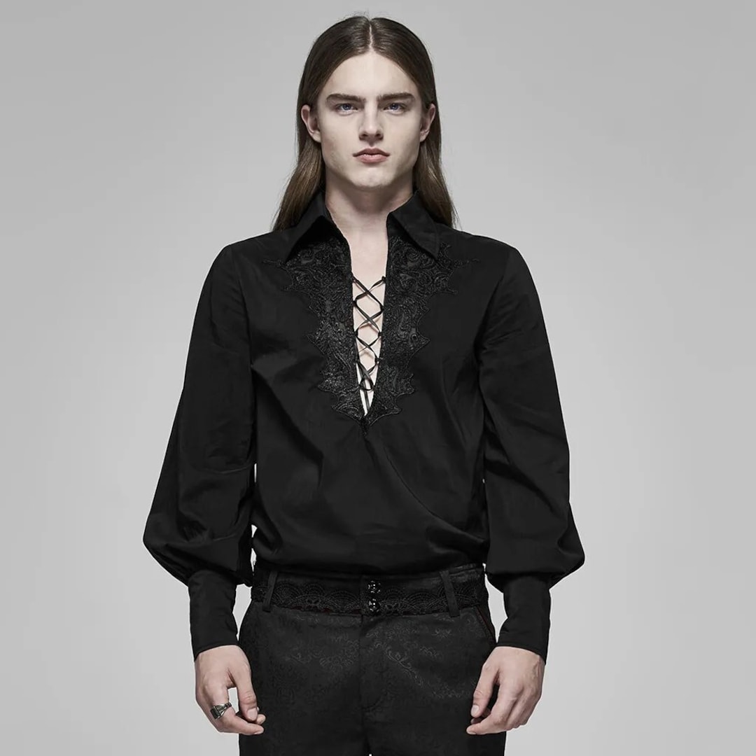 Gothic Long Sleeve Black Shirt Floral Lace Neck Shirt - Etsy