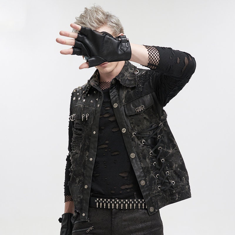 Men's Black Short Vest Men Black Distressed Lambskin Etsy