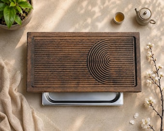 Houten theeblad, handgesneden Gongfu-plank | Thermisch essenhout | 45×25×7,5 cm, verborgen afwatering