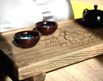 Gongfu Tea Tray with Drain | 3 in 1 Wooden Chaban Set + Ceramic Teapot 2 Cups