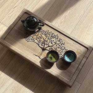 Gongfu tea tray with water tank – Handmade Chaban wooden tea table 45×25 cm – Floor Zen tea end table