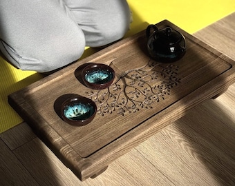 Floor tea table set, wooden tea tray with drain, chaban with teapot
