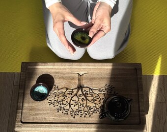 Gongfu tea tray with drain | Wood chaban + teapot + cups | Asian tea set