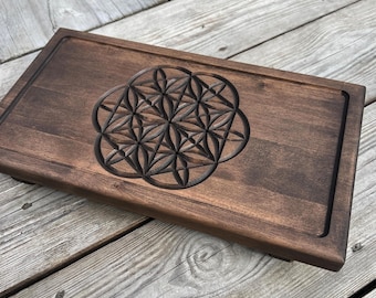 Gongfu Tea Tray: Ash Wood with Flower of Life Design