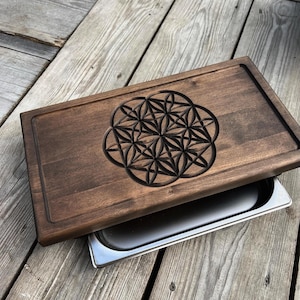 Gongfu tea tray Flower of Life - Wooden Chaban tea table with drainage hole, Spiritual tea Ceremony Gift for Chinese tea lovers