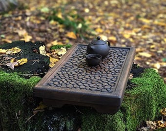 Gongfu theeblad, compacte rituele set | Massief ijzerhout, natuurlijke olieafwerking - Geïntegreerde afwatering, 45×25×7,5 cm