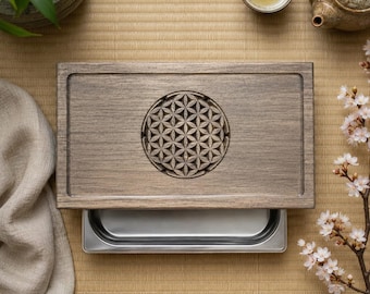 Houten theeblad als cadeau voor hem, handgemaakte Gongfu theeplank, massief houten theeblad met heilige geometrie, uniek verjaardags- of jubileumcadeau voor mannen
