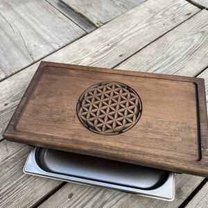 Handmade Ash Chaban Tea Tray with Drain – Gongfu Tea Table 45×25×7.5 cm | Flower of Life Engraving | Tea Ceremony Essential