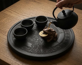Gongfu-theeblad, rond gegraveerd | Cadeau voor theeliefhebber donker hout