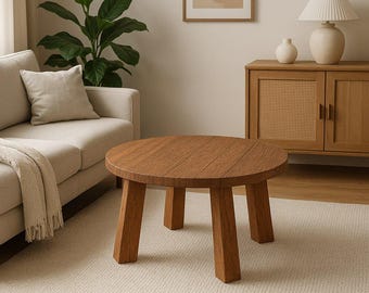 Ronde salontafel, gerecycled eikenhout | Massief blad van 5-6 cm dik, schuine poten van oud schuurhout | Klein 51 cm, Groot 91 cm