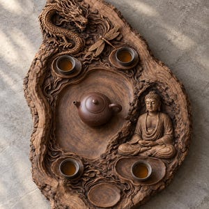 Puede incluir: Una bandeja de té de madera marrón con un dragón tallado, una libélula y una figura de Buda sentado. La bandeja incluye una tetera marrón central y cuatro pequeñas tazas de té a juego llenas de líquido ámbar sobre una superficie de madera.