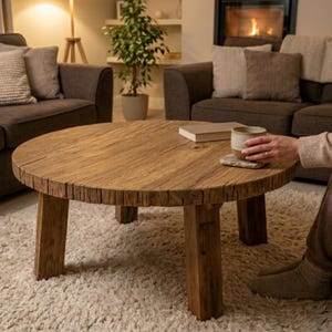 以下が含まれることがあります： 天然木目の丸い素朴な木製コーヒーテーブル。テーブルは質感のあるエッジで、4本の四角い脚で支えられています。本とマグカップがテーブルの上にあります。直径約100cm。