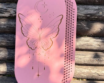 Morning Ritual Nail Board | Butterfly Moon Engraving | Mindfulness Meditation Gift | Celestial Self Care | Pink Yoga Wellness Board