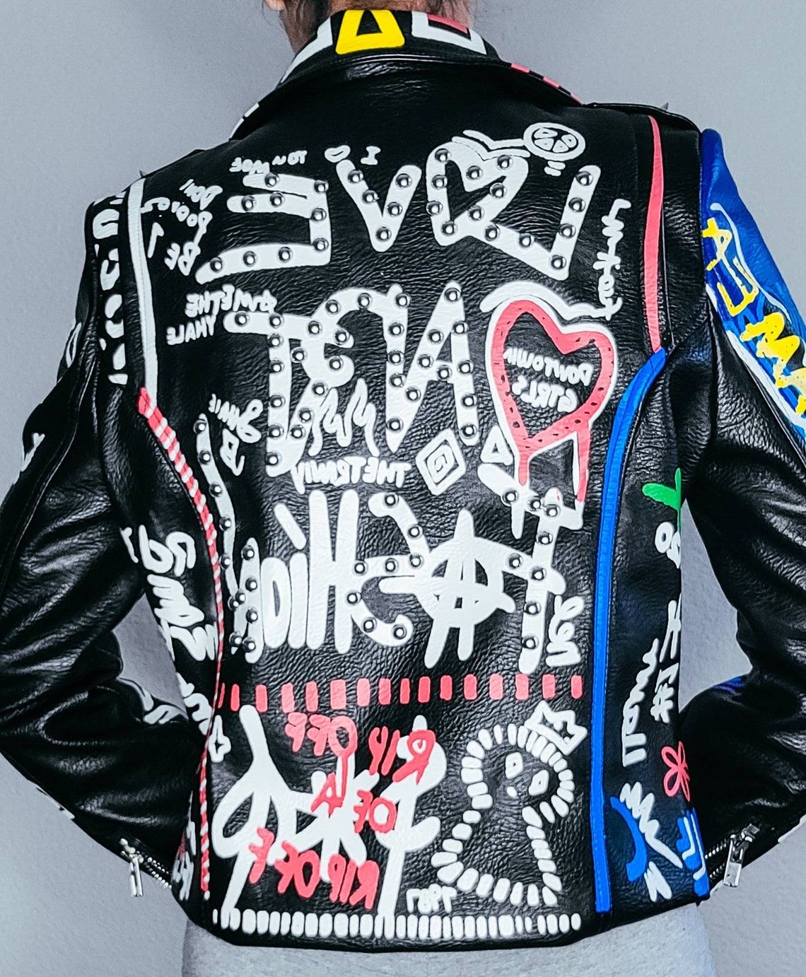 Women Black Graffiti Synthetic Leather JACKET Punk Rock Pop Etsy France