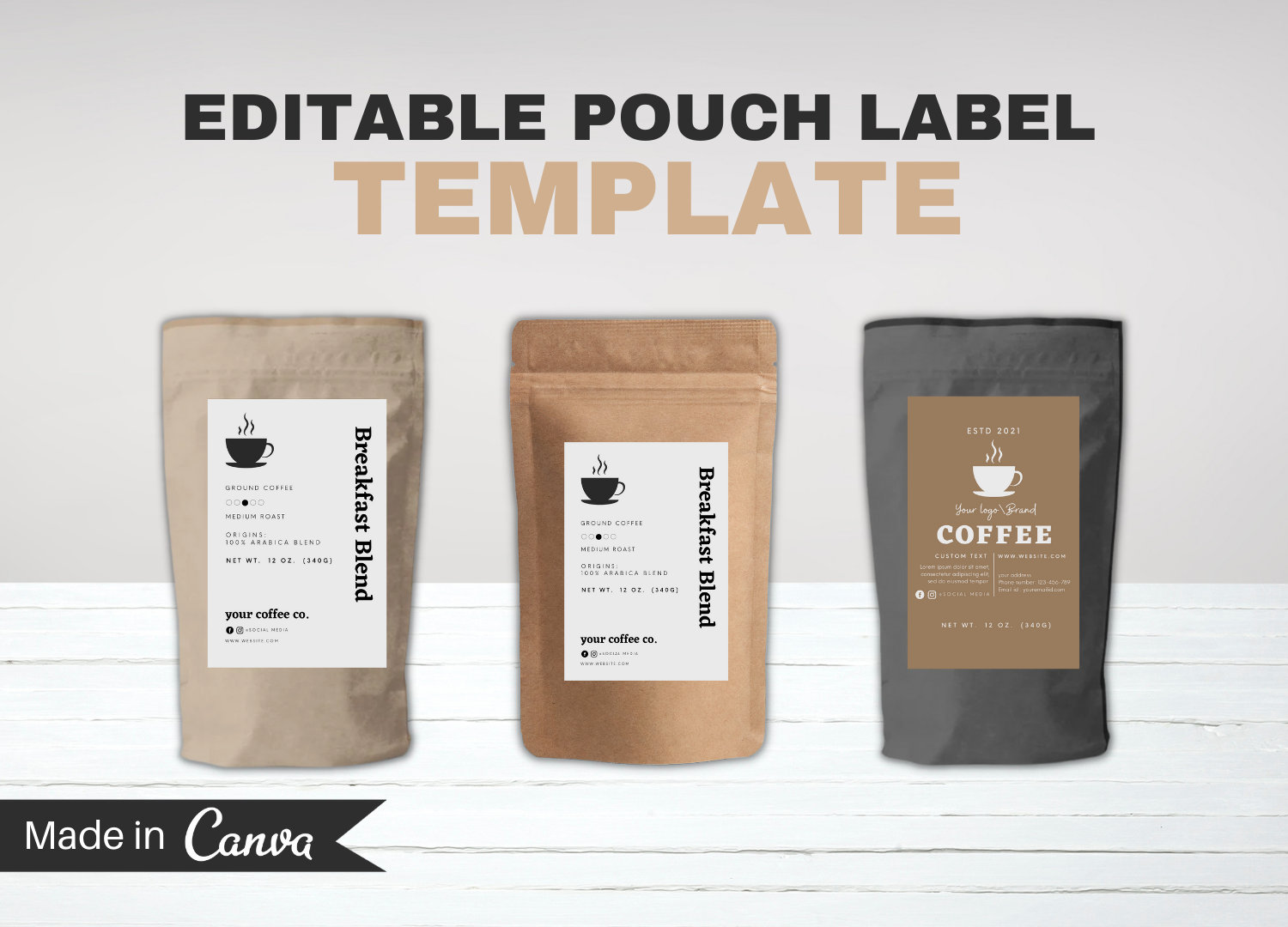 Editable Pouch Label Template, Coffee Tea Pouch Labels, Beauty