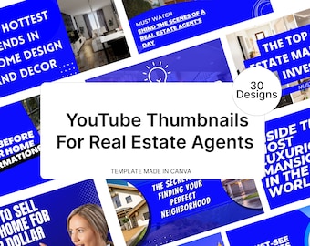 30 Blue YouTube Thumbnails For Real Estate Agents | Real Estate Social Media| Realtor YouTube Template | Realtor Marketing |Download
