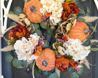 Elegant Fall Wreath For Front Door or Porch, Thanksgiving Wreath Wall Decor or Entryway, Pumpkin Harvest Wreath, House Gift