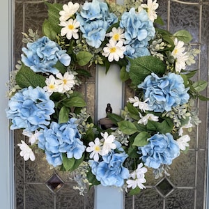 Summer Wreath For Front Door, Hydrangea Wreath, Blue Hydrangea Wreath, Year Round Garden Wreath for Porch, Housewarming Gift, Porch Decor