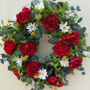 Patriotic Wreath for Front Door, Everyday Garden Wreath, Red White Blue Wreath for Front Porch, Americana Decor for Entryway Summer Gift