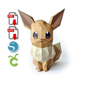 Eevee Papercraft, 3d afgedrukt, voor Cricut of Silhouette Cameo, pdf, svg, Paper Sculpture, Low Poly DIY, Pokemon