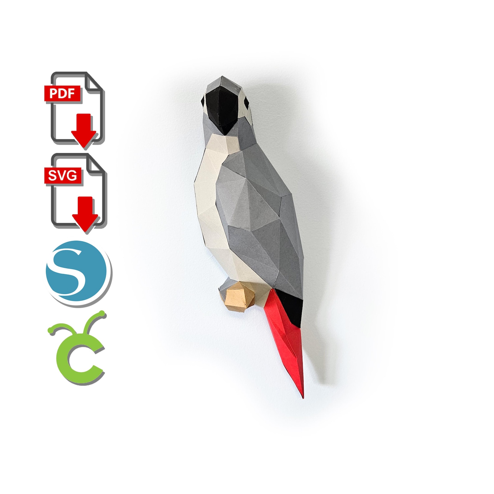 African Grey Papercraft: 3D Low Poly Bird Sculpture (SVG, PDF) - Etsy
