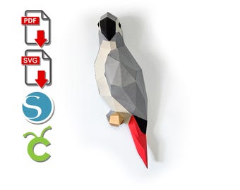 African Grey Papercraft: 3D Low Poly Bird Sculpture (SVG, PDF)