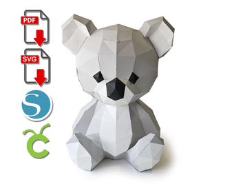 Koala Bear 3D Paper Sculpture: Low Poly DIY (PDF, SVG)