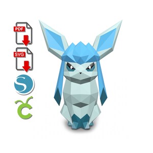 May include: A light blue and white geometric papercraft figure of a cartoon character with large ears and a stern expression. The figure is sitting down. Icons for PDF and SVG files are in the upper left.