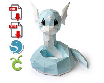 Dratini Paper Sculpture, Low Poly DIY Craft (PDF, SVG)