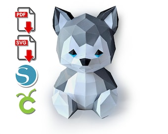 Husky Dog Papercraft: 3D Low Poly DIY Sculpture (PDF, SVG)