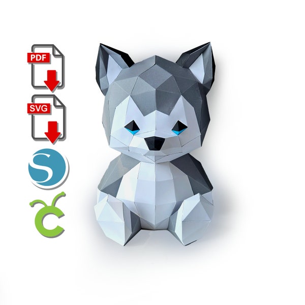 Husky Hund Papierfigur, 3d gedruckt, DIY für Cricut oder Silhouette Cameo, pdf, svg, Papierskulptur, Low Poly DIY, Baby-Dusche-Geschenk