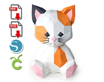 Calico Cat 3D Paper Sculpture: Low Poly DIY (PDF, SVG)