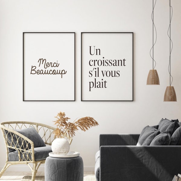 Aesthetic French Words Print | Wall Art Set of 2 | summer prints | Un croissant s'il vous plait | Merci Beaucoup | France poster