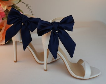 Navy Satin Bow Shoe Clips: Wedding Shoe Accessory