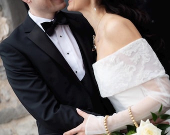 Detachable Duchess Satin, Mikado or Lace Wedding Sleeves: Bardot Neckline Collar Cuff