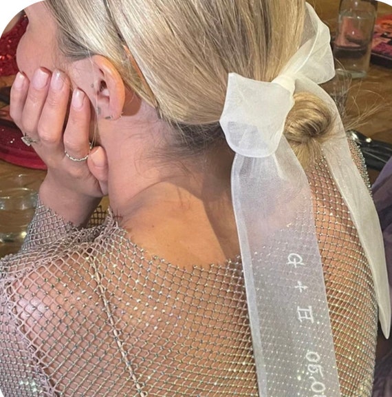 Personalised Bridal Hair Bow, Ivory Tulle & Embroidered
