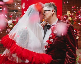 REDUCED red edge Fluffy ruffled edge Dramatic VEIL - made in the UK