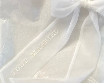 JUST MARRIED embroidered tulle scarf hair bow, ready to despatch made in the UK Ivory - Wedding hair bow