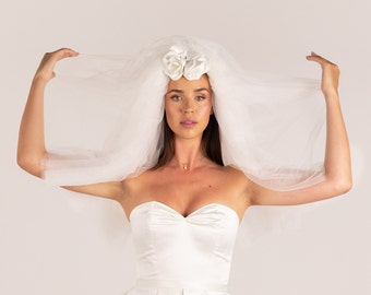 Ivory Silk Satin Flower Comb: Bridal Hair Piece with Pearl Details