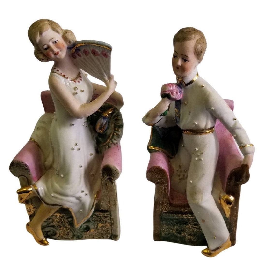 Pair of Antique GERMAN BISQUE Figurines Lady With Fan Man With Etsy