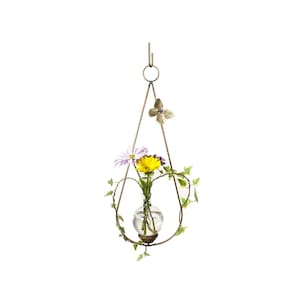 Hand-Blown Glass Hanging Plant Rooting Vase, Copper Teardrop Hanger