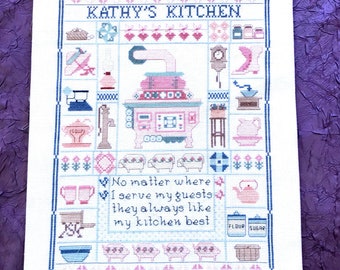 Finished Cross Stitch - Kathy's Kitchen Sampler - 16" x 12" Ready for Framing Completed