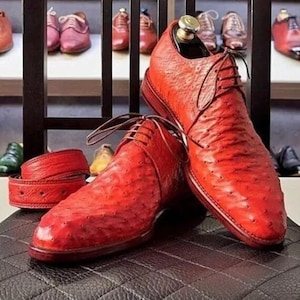 Handmade ostrich print Red Leather Dress Shoes, Formal Casual derby Shoe For Men&#39;s