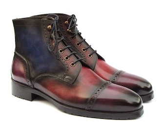 New Handmade Men's Premium Quality Blue and Brown Leather Lace up Toe cap Ankle High Dress Boots